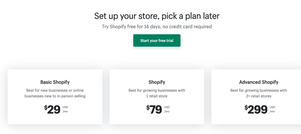 shopify online shop price plans